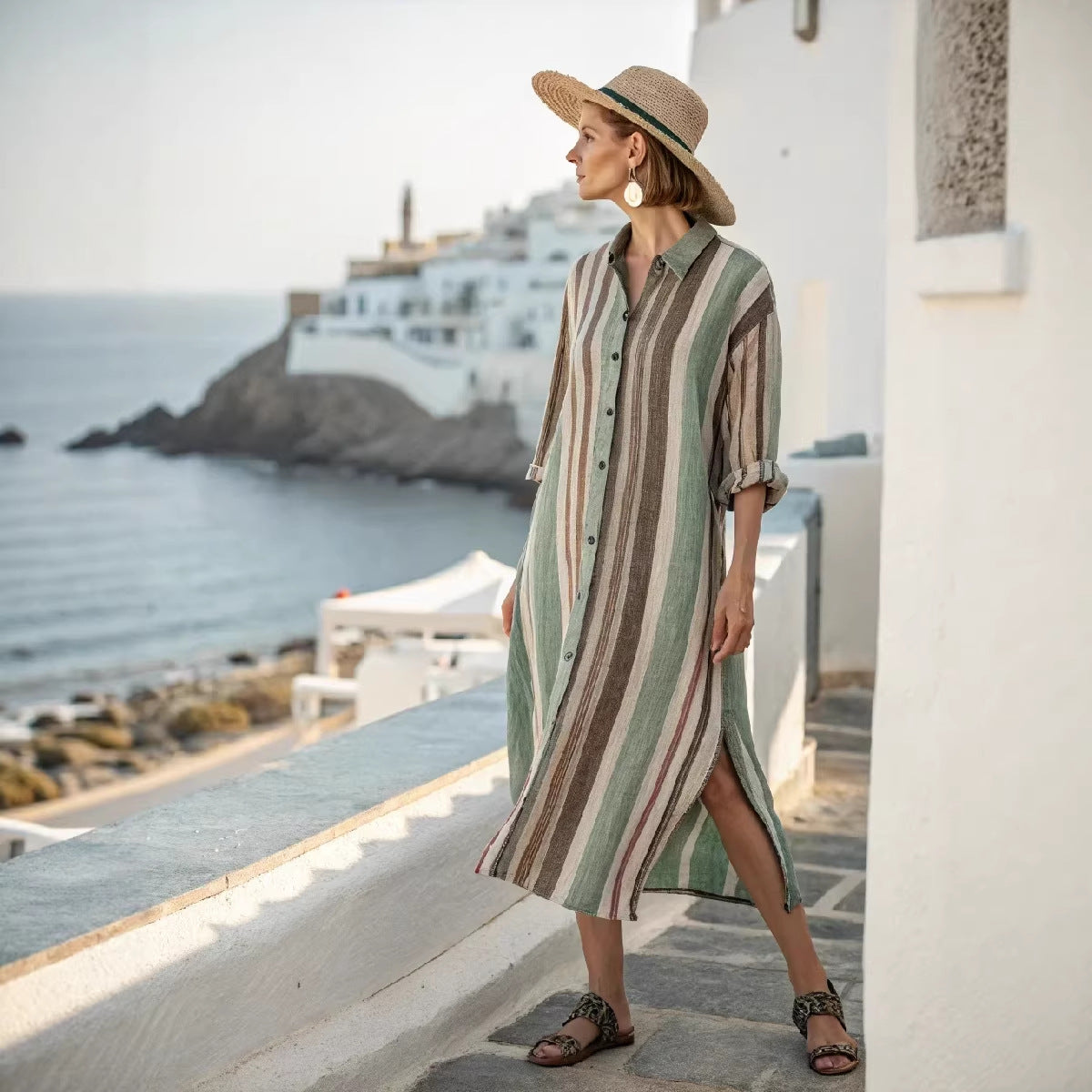 Women's Boho Vertical-Striped Button-Front Slit Maxi Beach Dress