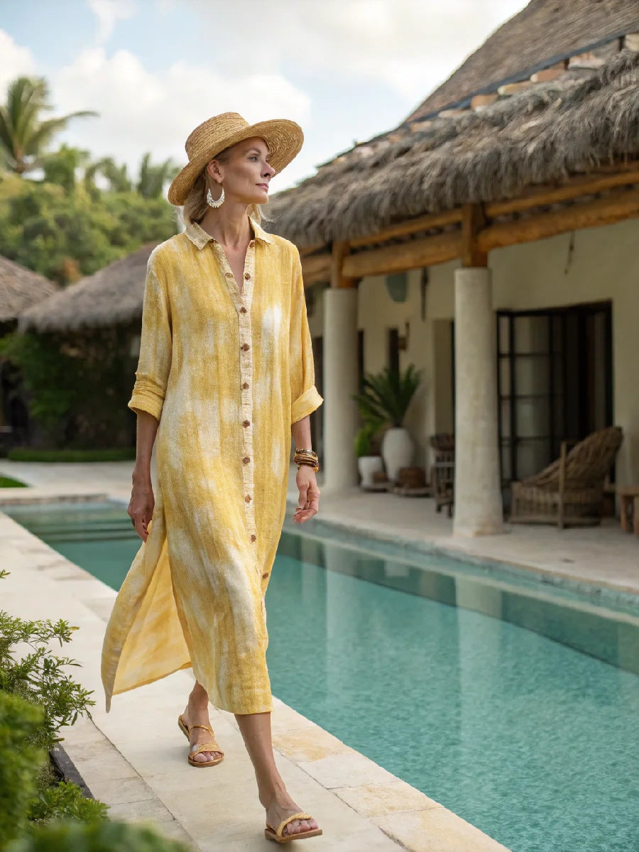 Women's Boho Vertical-Striped Button-Front Slit Maxi Beach Dress