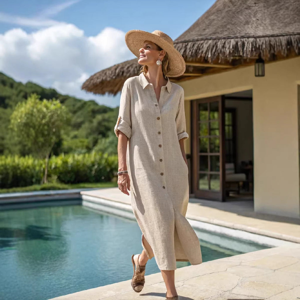 Women's Boho Vertical-Striped Button-Front Slit Maxi Beach Dress