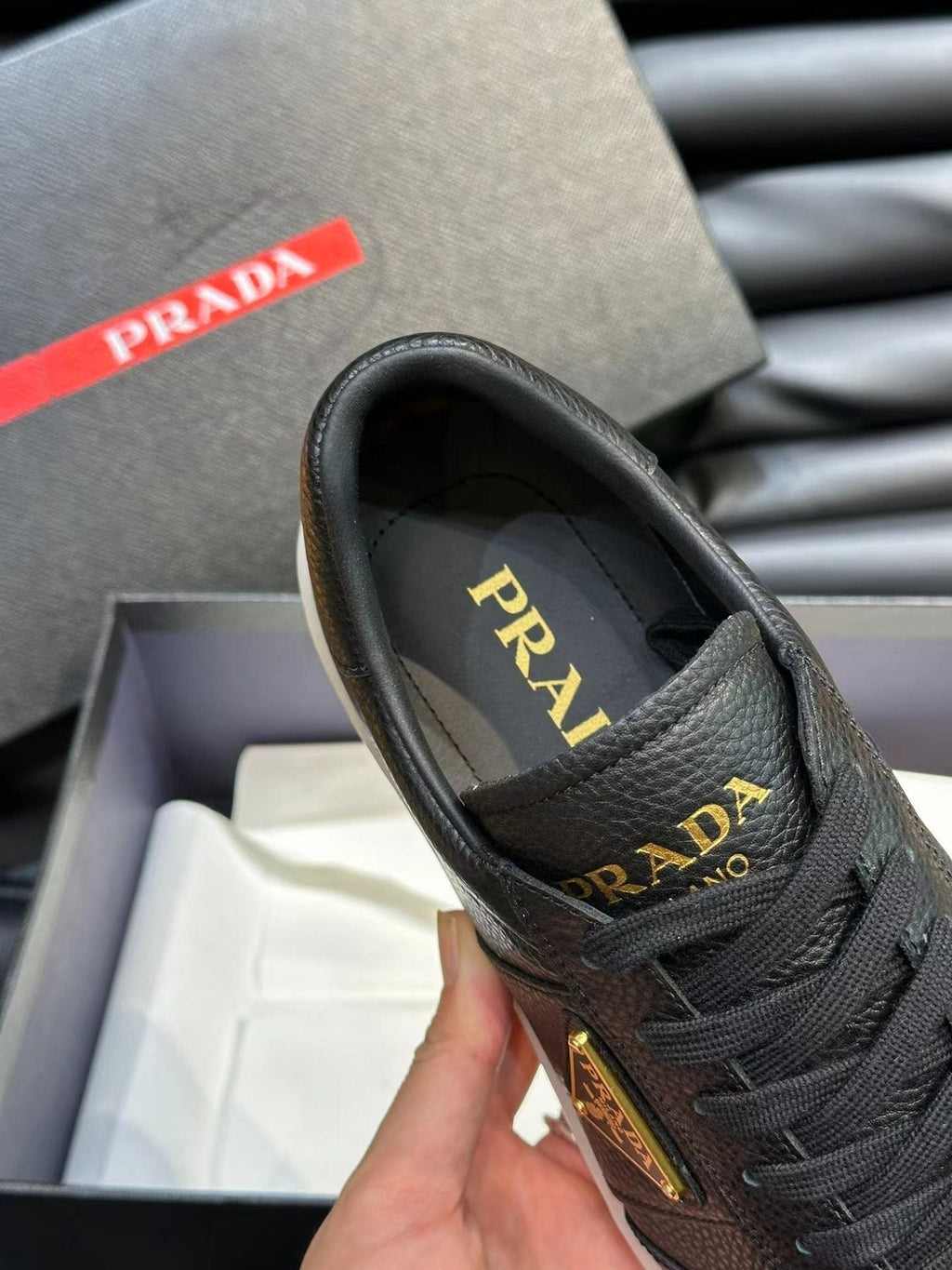 Prada Men's Black Leather-Look Low-Top Sneakers