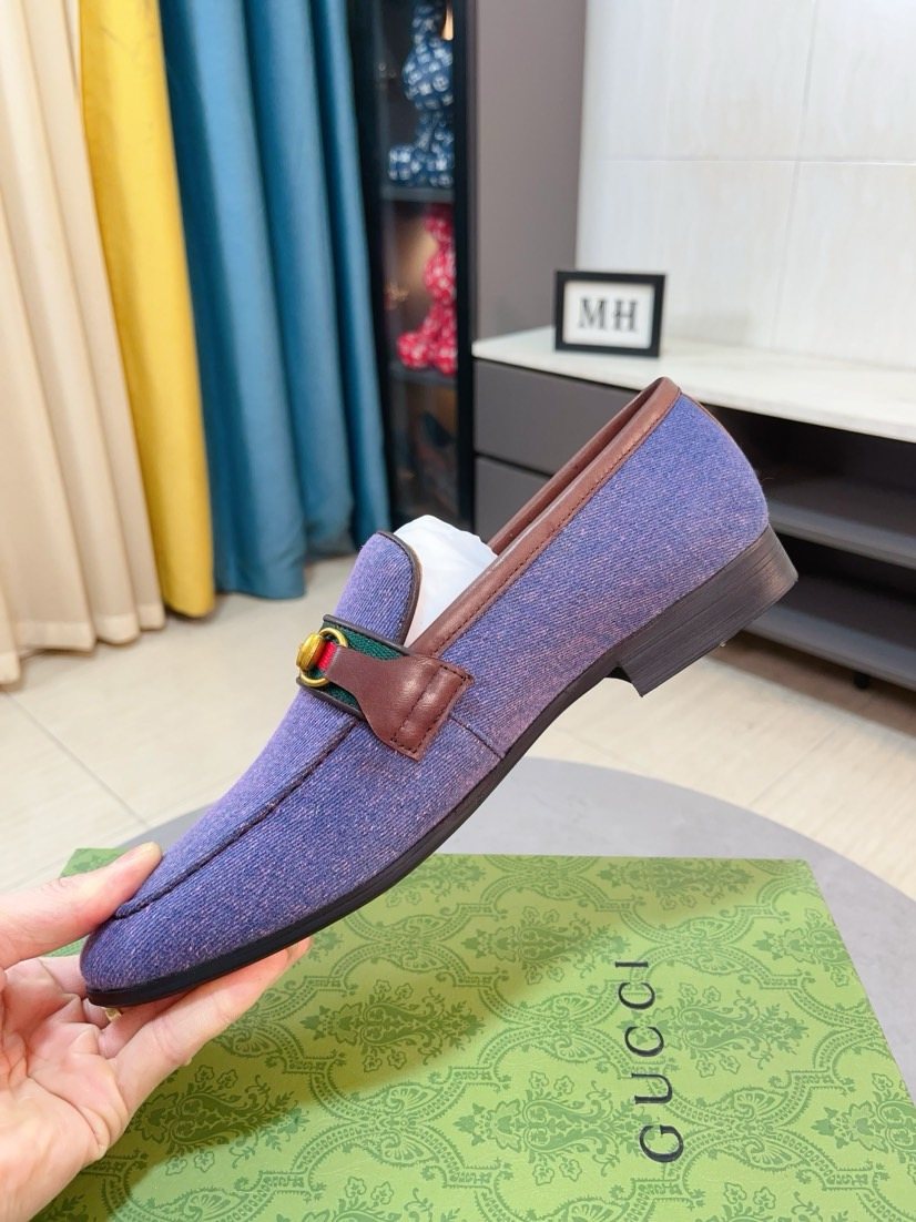 Gucci Purple-Blue Brown-Trim Loafers